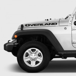 Overland decals on the side of the Jeep Hood