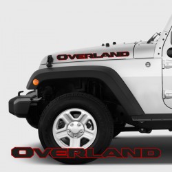 Overland with outline decals on the side of the Jeep Hood