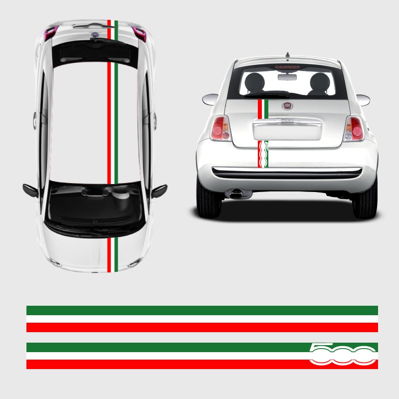 Sticker Kit Bande Drapeau italien pour capot, toit et coffre de Fiat 500