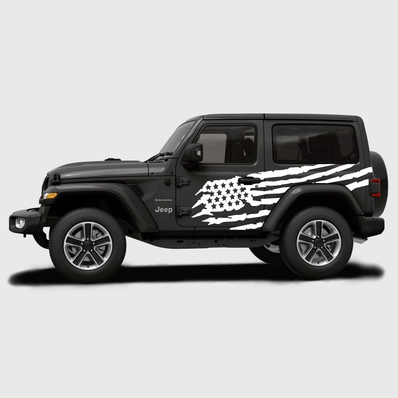 Adhesive American flag decals for the side of 3-door Jeep Wrangler