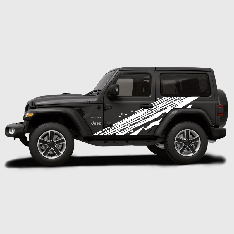 Adhesive Tire Tracks decals for the side of 3-door Jeep Wrangler